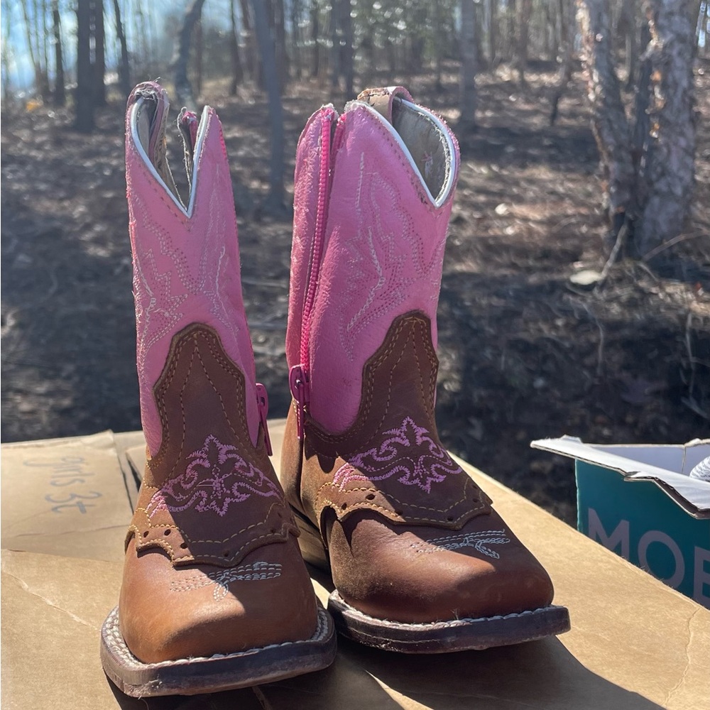 Pink and Brown Western Boots—Genuine Leather Kids Size 5